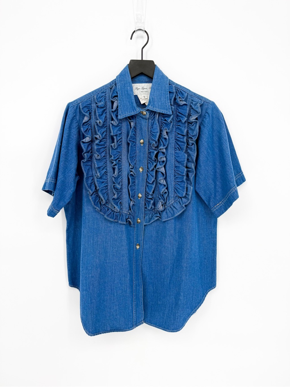Vintage Liza Lynn Ltd. Denim Ruffled Bib Tuxedo Top Western Large